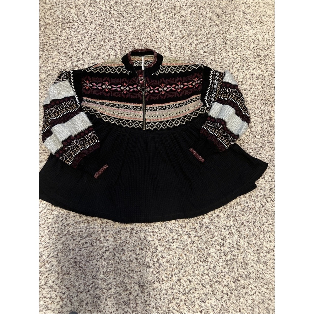 Free People Sweater Waffle Knit sz SP Cozy Cottage Cabin Fever Fair Isle 1/2 Zip